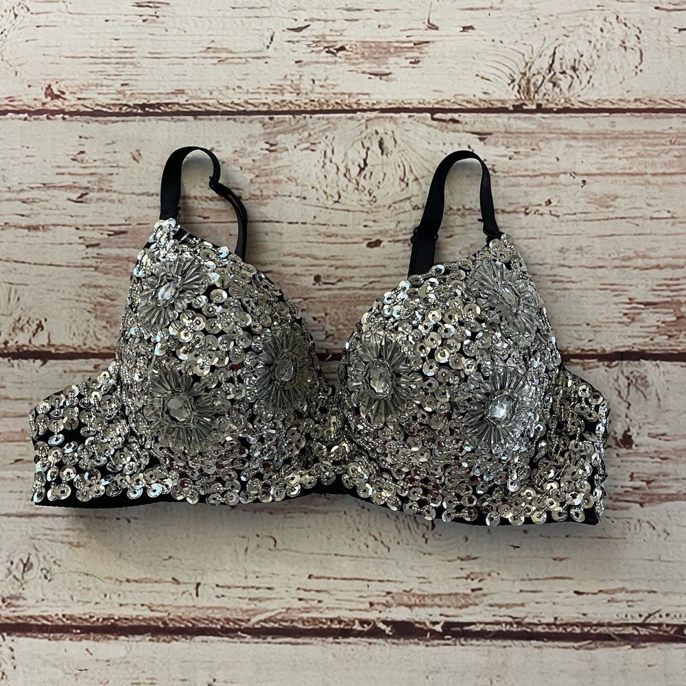 Silver Sequin Beaded Bra 36/80 Festival Cosplay‎ Club Belly Dancing Meishulanna